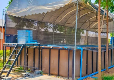 บ่อผ้าใบยกพื้นเลี้ยงปลาในโรงเรือน คลุมหลังคาและตาข่าย ระบบท่อ PVC และถังพักน้ำ ควบคุมคุณภาพน้ำ เหมาะสำหรับฟาร์มปลาเชิงพาณิชย์